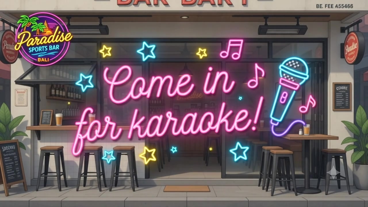 Illustrated Paradise facade with Come in for karaoke neon